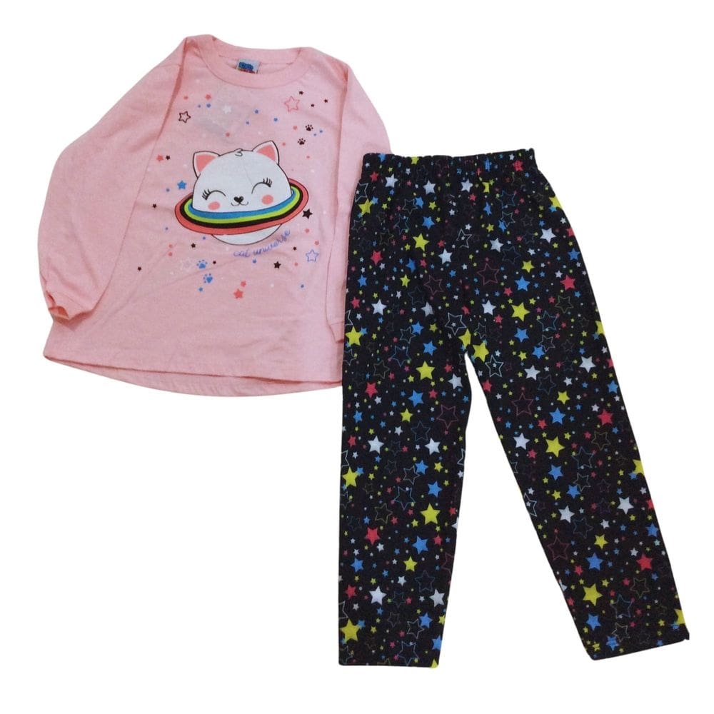 Pijama Longo Kiko e Kika Fem Infantil Rosa e Preto