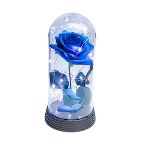 Luminária a rosa encantada azul 20 cm base ouro frio