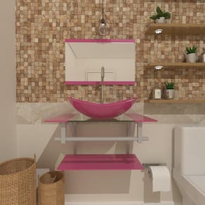 Gabinete de vidro 45cm ac com cuba oval rosa torneira metal