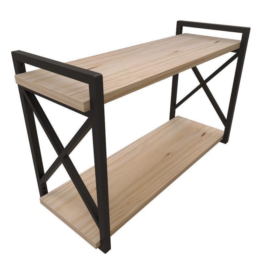 Prateleira estilo industrial com suportes e madeiras