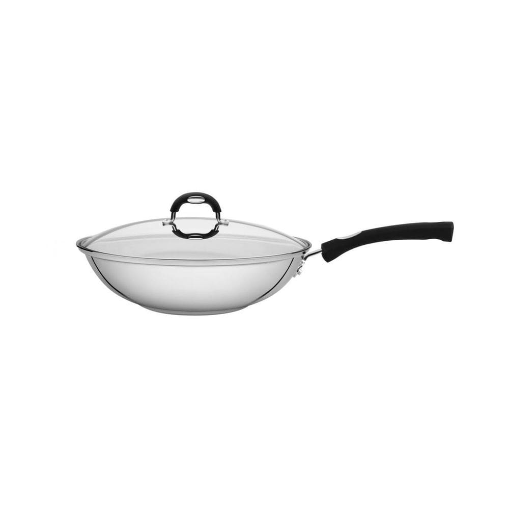 Wok tramontina solar silicone aço inox tampa de vidro 3,3 l