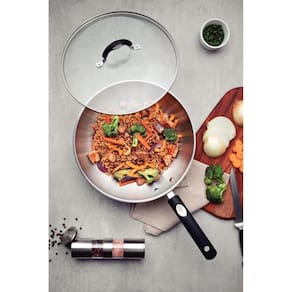 Wok tramontina solar silicone aço inox tampa de vidro 3,3 l
