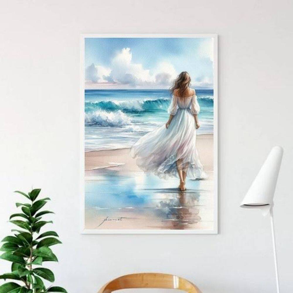 Quadro Mulher Caminhando Praia Aquarela 33X24Cm - Com Vidro