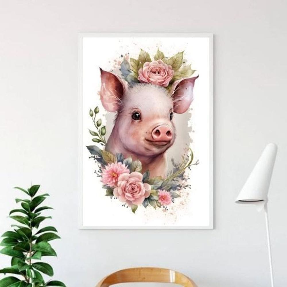 Quadro Porquinho Floral - Aquarela 33X24Cm - Com Vidro