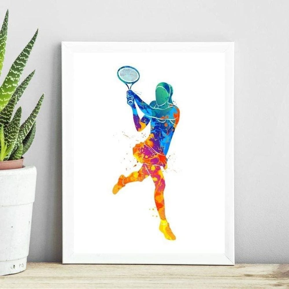 Quadro Jogadora De Tênis Aquarela 45X34Cm - Com Vidro