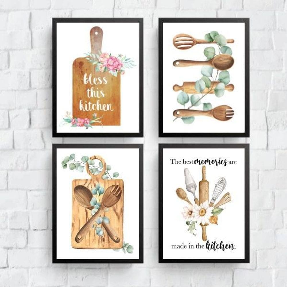 Kit 4 Quadros Decorativos Cozinha Abençoada 33X24Cm - Vidro