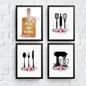 Kit 4 Quadros Cozinha Poá -Preto E Rosa 33X24Cm - Com Vidro