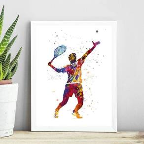 Quadro Jogador De Tênis - Aquarela 24X18Cm - Com Vidro