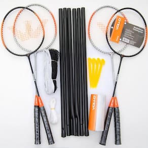 Kit vollo badminton 4 raquete + 3 petecas + rede e suportes
