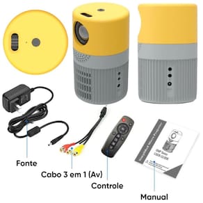 Mini projetor 3000 luméns, 1080p portatil cinza/amarelo