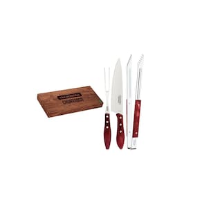 Jogo Trinchante Churrasco Lâminas em Aço Inox e Cabos de Madeira Tratada Polywood Vermelho 03 PC - Tramontina