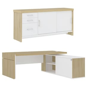 Mesa Escritório em L e Balcão 2 Portas 3 Gavetas Corp A06 Carvalho/Branco - Mpozenato