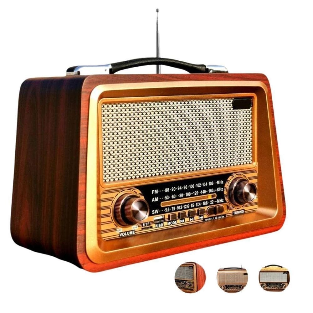 Rádio estilo retrô vintage am fm bluetooth recarregável 2066