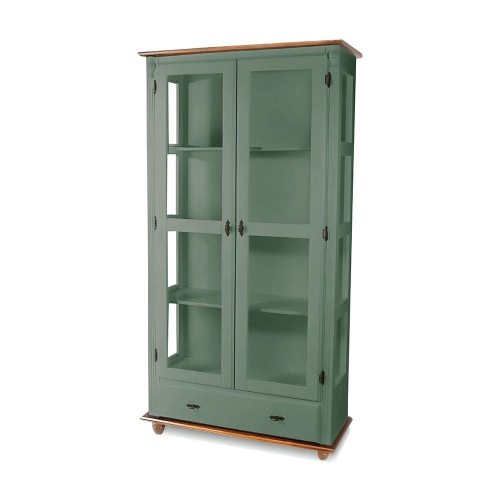 Cristaleira 2 Portas Vidro 1 Gaveta 3 Prateleiras Pés Torneados Florença - Laca Verde Kalle/Imbuia