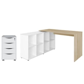 Mesa Escrivaninha em L Eron e Gaveteiro com Rodízios Mity A06 Carvalho/Branco - Mpozenato