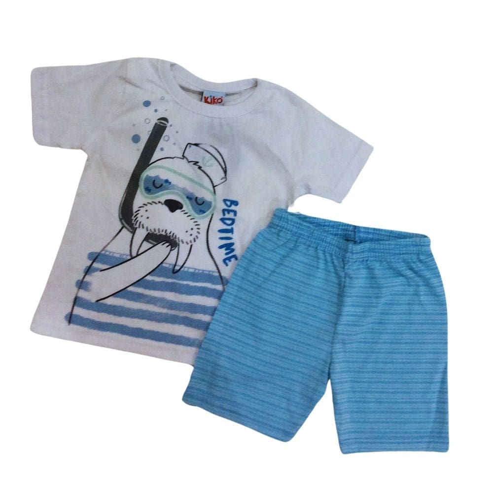 Pijama Verão Kiko e Kika Masc Infantil Branco Azul/verde
