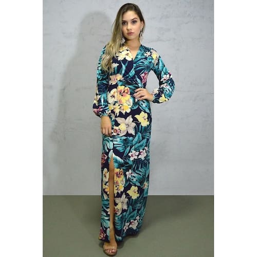 Vestido Longo Viscolycra Manga 3/4 Estampado Casas Bahia - Main Image