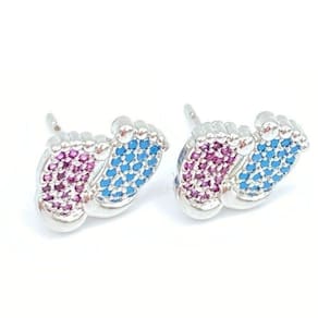Brinco Pezinho Com Zircônias Azul E Rosa Folheado Rodio