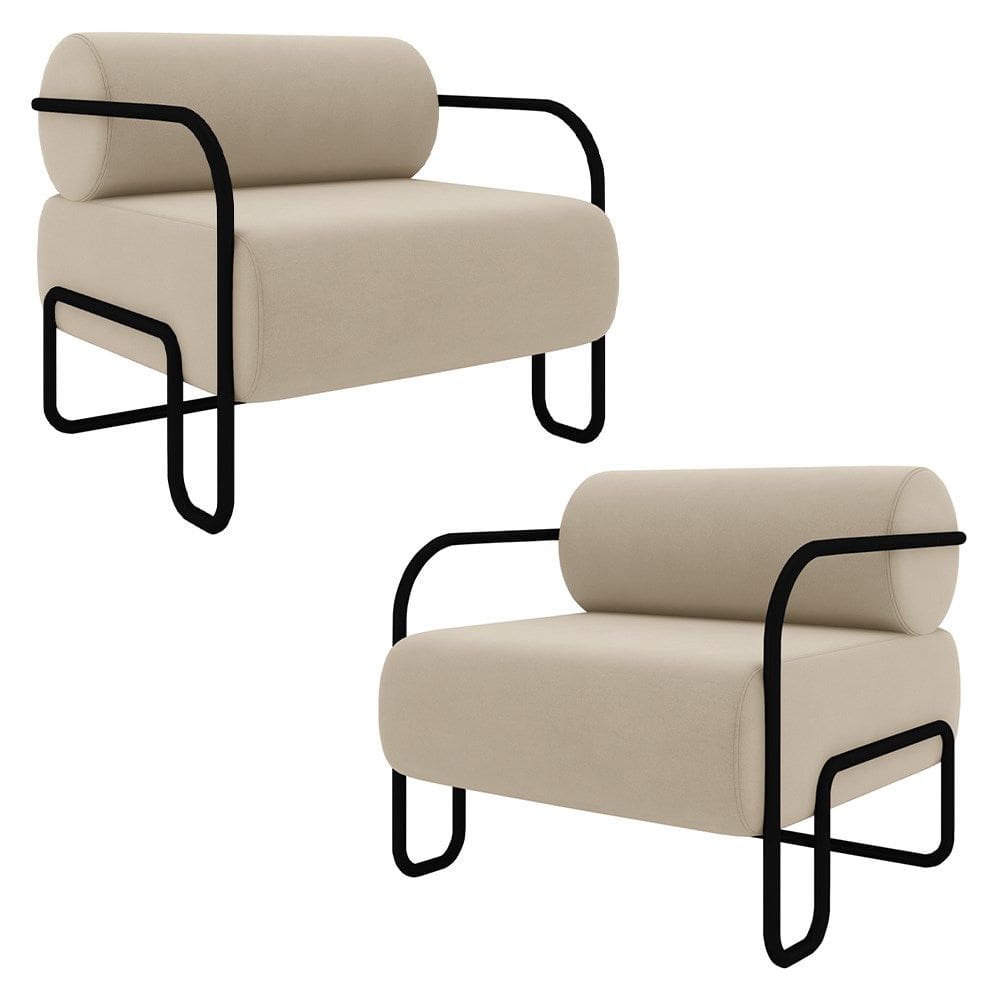 Poltrona Decorativa para Sala Industrial Kit 2 Kira K04 Veludo Bege - Mpozenato
