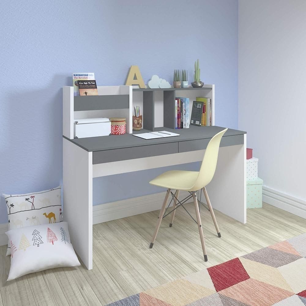 Mesa Para Estudo 4 Gavetas Nevada Grafito Branco
