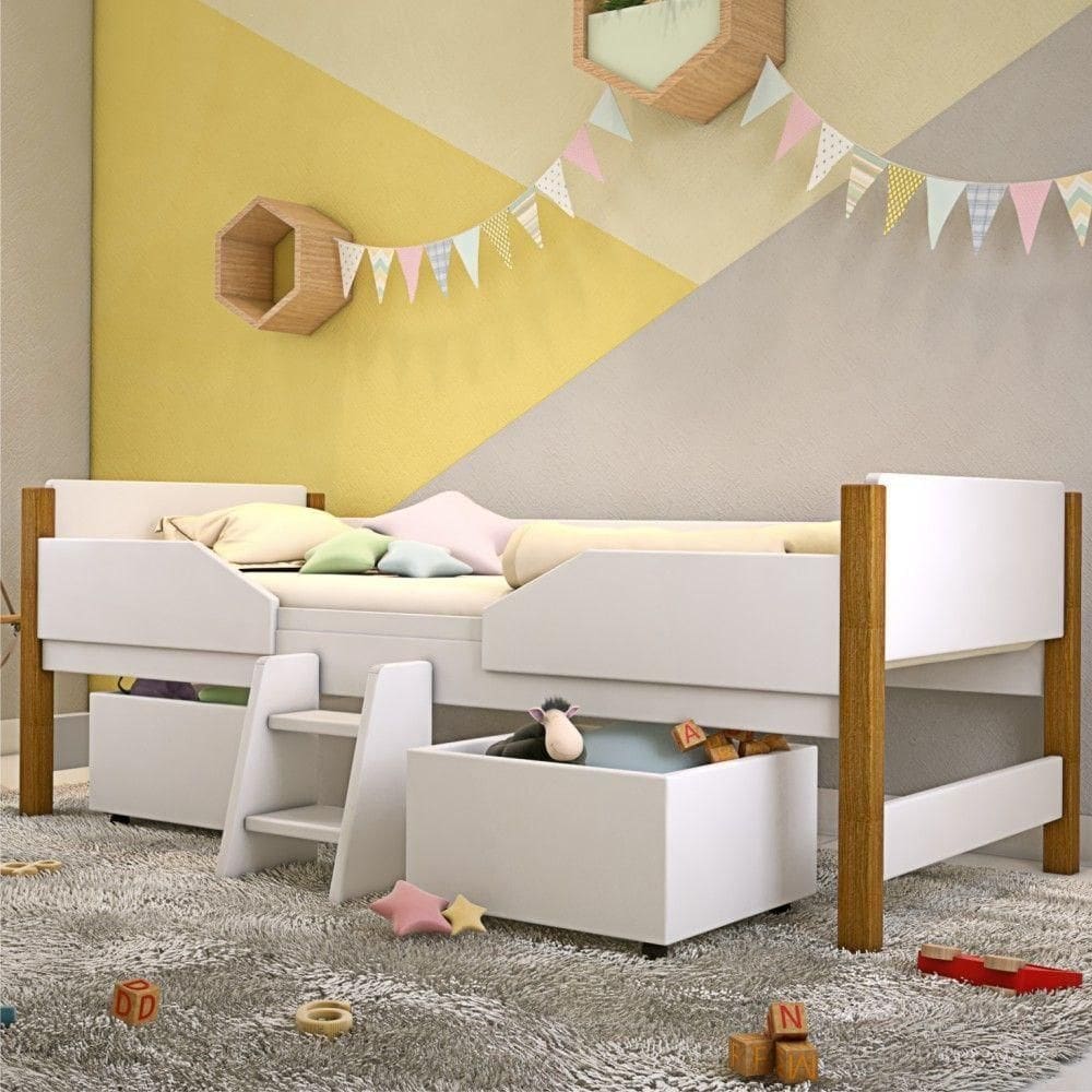 Cama Alta Circus Com Caixas Brinquedos - Branco