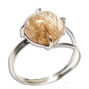 Anel Disco Pedra Rutilo no Quartzo 10mm Prata 950 Ajustável