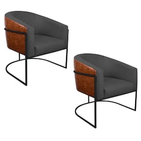 Kit 02 Poltronas Luiza Base De Ferro Preto Corano Nozes E Linho Cor Chumbo