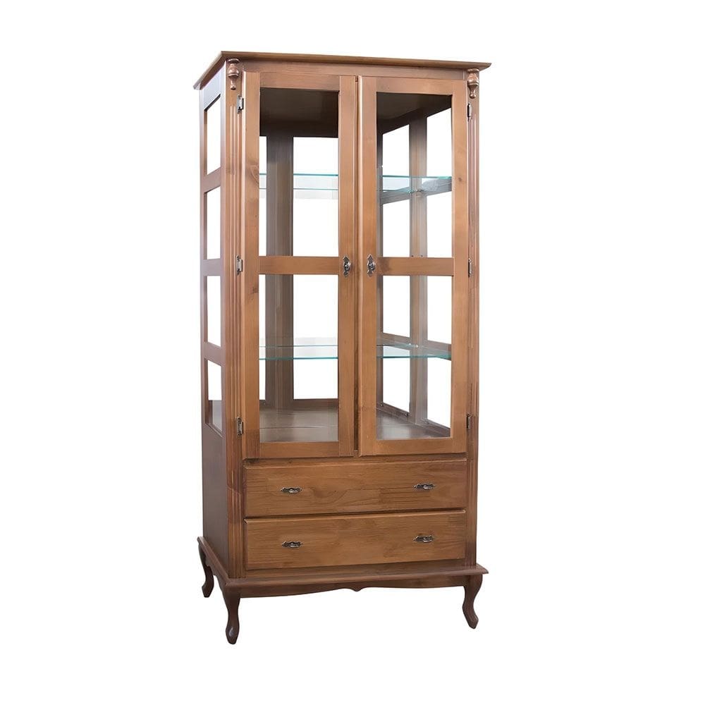 Cristaleira com Espelho 2 Portas 3 Prateleiras de Vidro 2 Gavetas Pés Luiz XV Sevilha -E - Imbuia