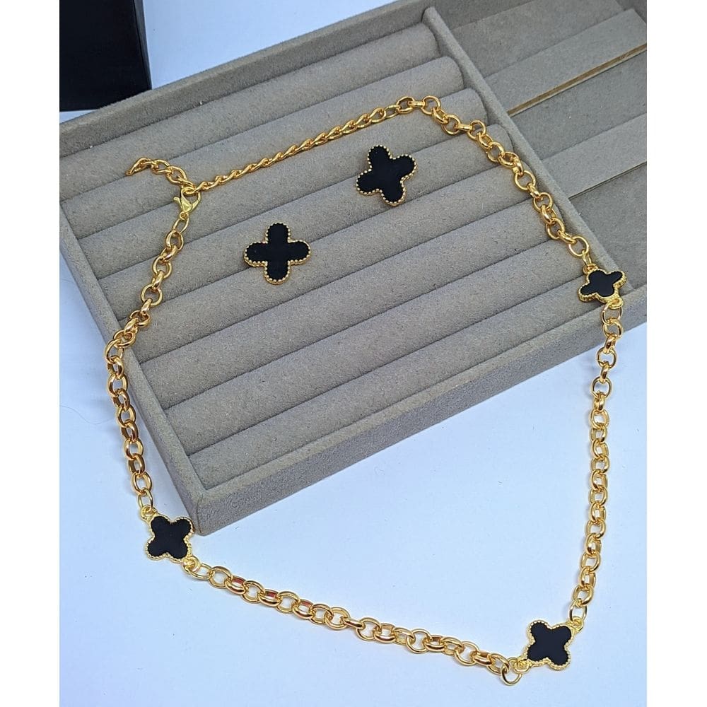 Kit Conjunto Colar e Brincos Corrente elo Português Trevo preto Branco Tendência Moda Blogueira