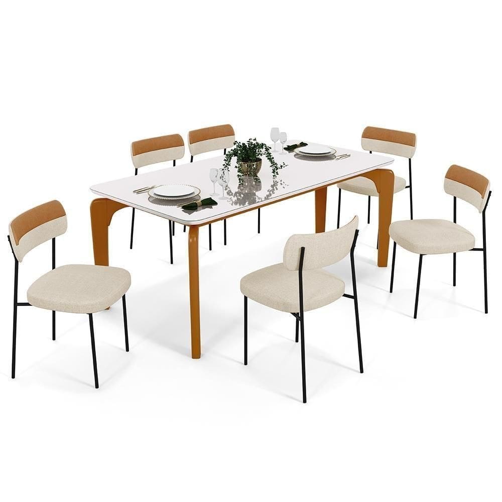 Mesa Jantar Capri 160cm Off White 6 Cadeiras Bege Caramelo