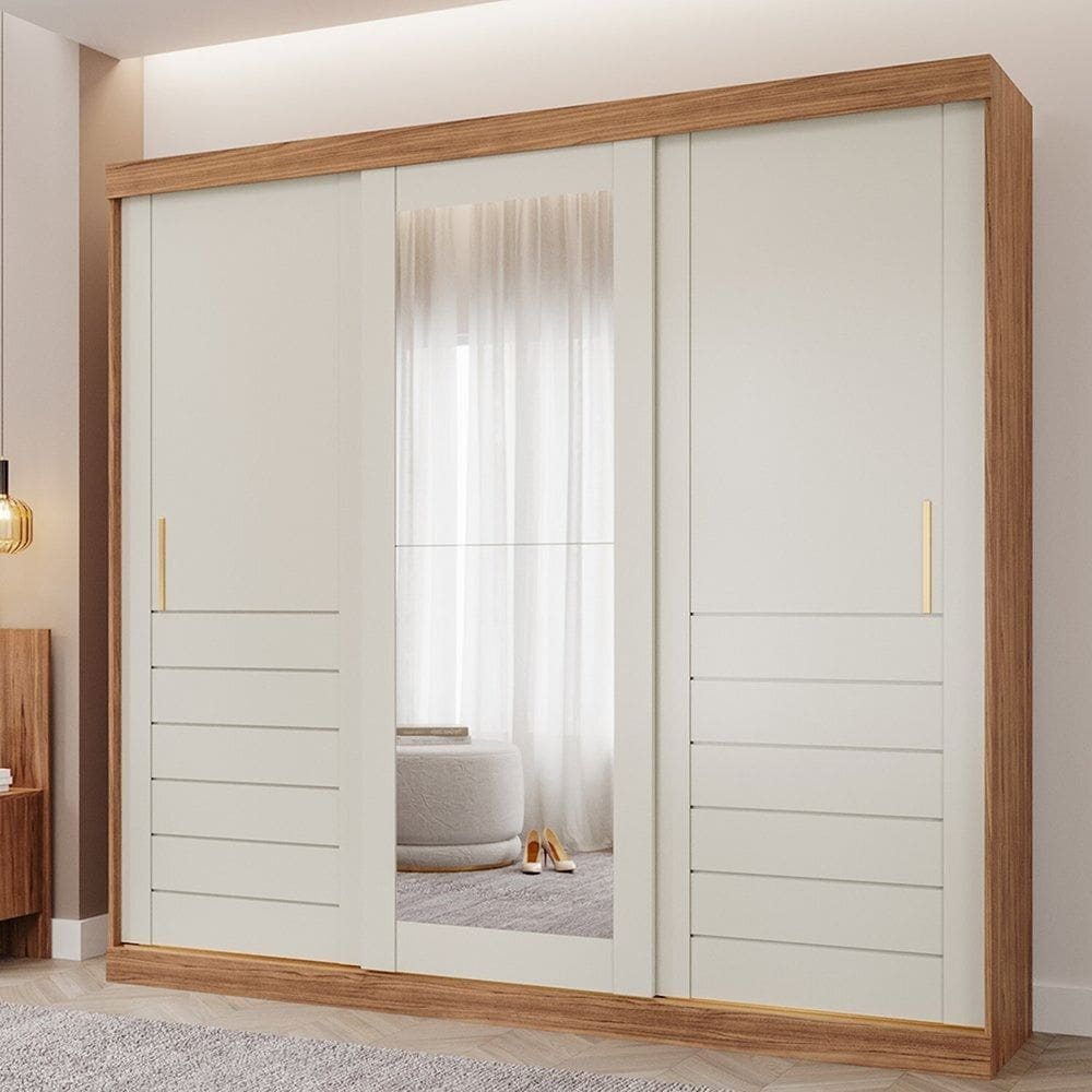 Guarda-roupa Casal 3 Portas de Correr 6 Gavetas com Espelhos 100% Mdf Boston Espresso Móveis Cinamomo/Off White