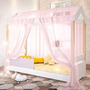 Cama De Solteiro Poppy Branco/rosê Com Voal Rosa E Led