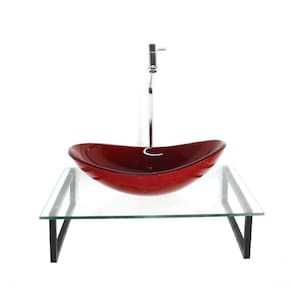 Kit Cuba De Vidro Oval 10mm Vermelho Ferrari Tampo 50cm Incolor Com Suporte Torneira Valvula