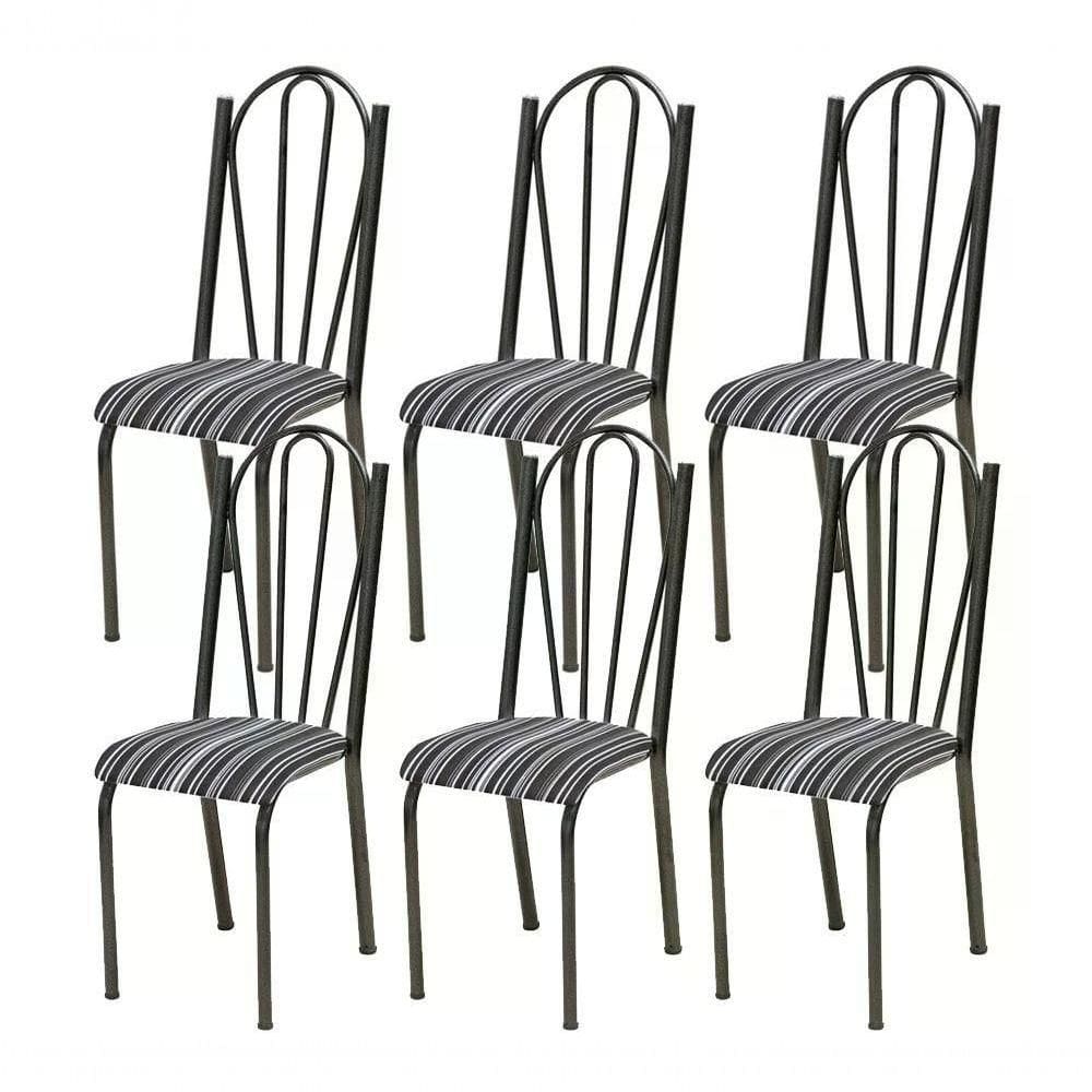 Kit 06 Cadeiras Tubular Cromo Preto 021 Assento Preto Listra
