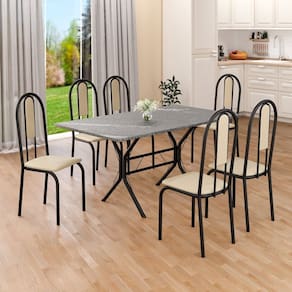 Conjunto Sala de Jantar Mesa Retangular 140x75cm Tampo Granito Topázio 6 Cadeiras Linda Yescasa Creme/Preto Fosco