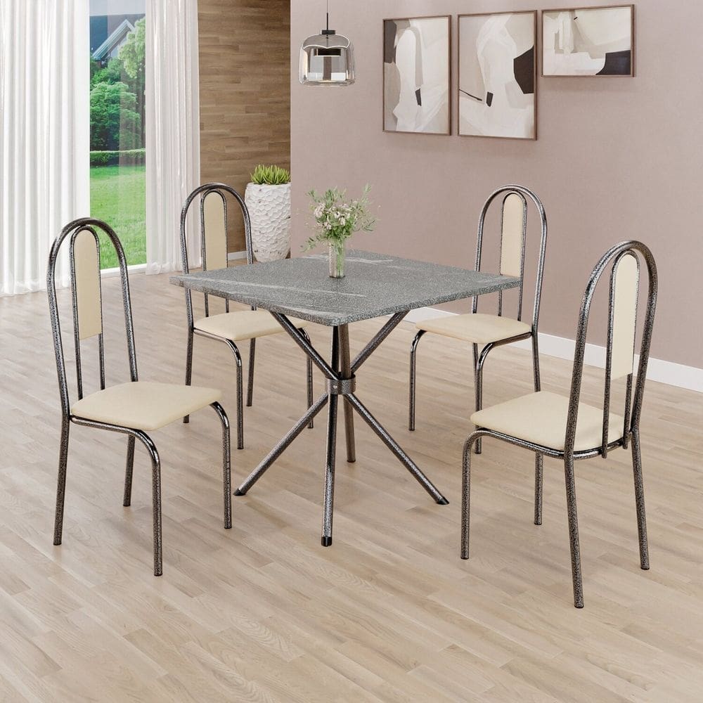Conjunto Sala de Jantar Mesa Quadrada 70x70cm Tampo Granito Topázio 4 Cadeiras Linda Yescasa Creme/Prata
