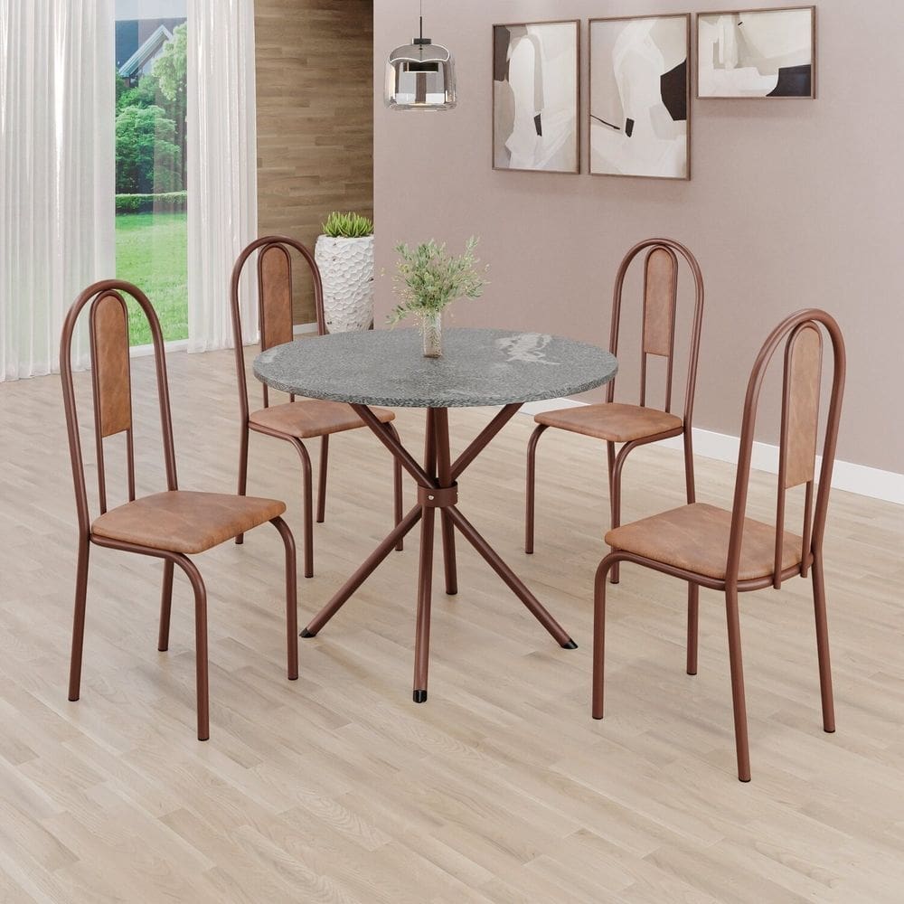 Conjunto Sala de Jantar Mesa Redonda 70cm Tampo Granito Topázio 4 Cadeiras Linda Yescasa Marrom
