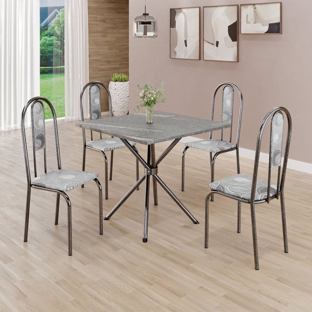 Conjunto Sala de Jantar Mesa Quadrada 70x70cm Tampo Granito Topázio 4 Cadeiras Linda Yescasa Paraopeba/Prata