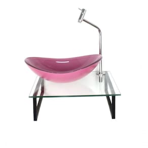Kit Cuba De Vidro Rosa Tampo Com Suporte Torneira Valvula