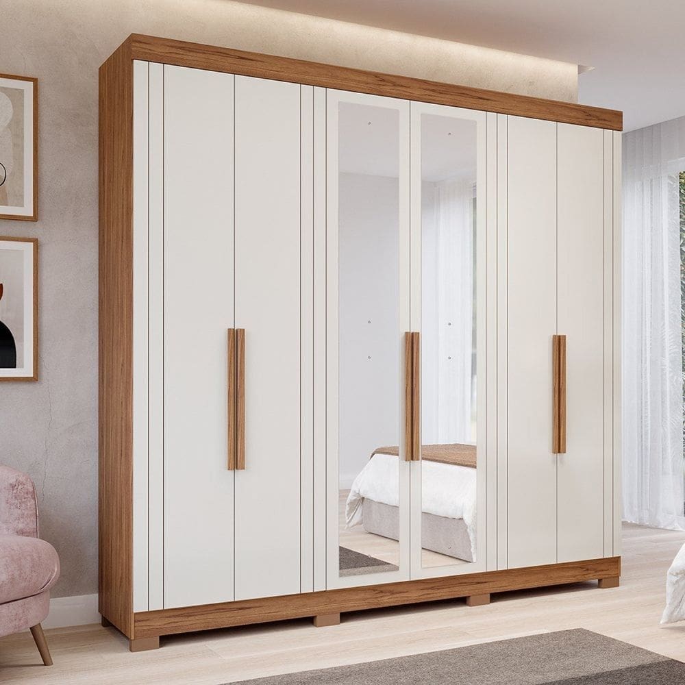 Guarda-roupa Casal 234,60cm 6 Portas com Espelho e 6 Gavetas 100% Mdf Boston Espresso Móveis Cinamomo/Off White