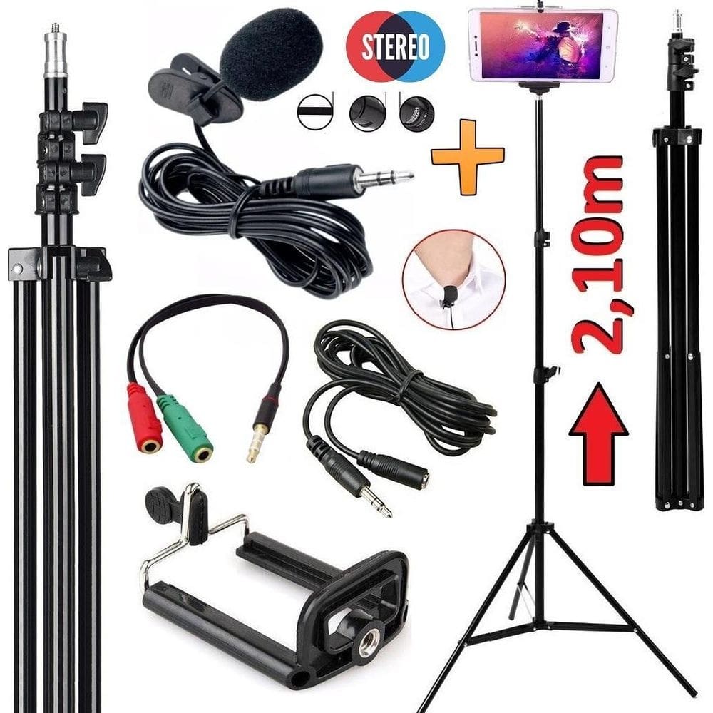 Kit para gravar vídeos no celular tripé suporte + microfone