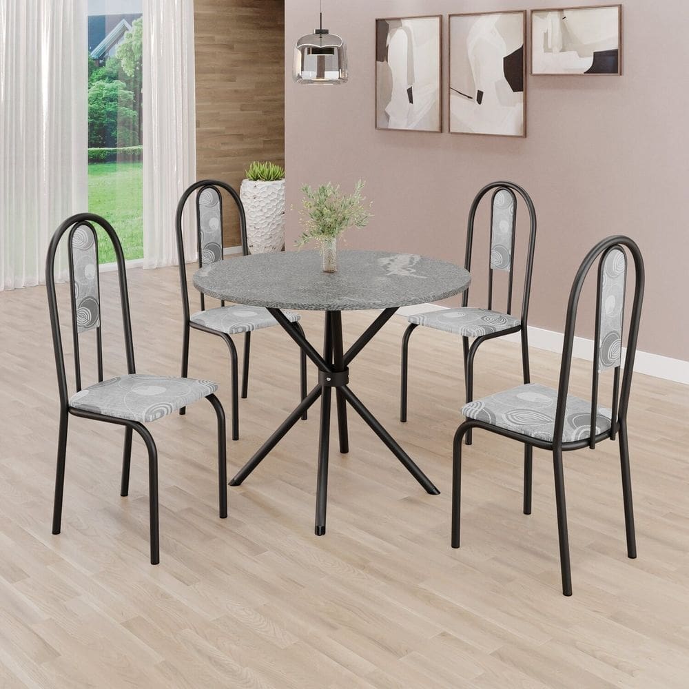 Conjunto Sala de Jantar Mesa Redonda 70cm Tampo Granito Topázio 4 Cadeiras Linda Yescasa Paraopeba/ Preto Fosco