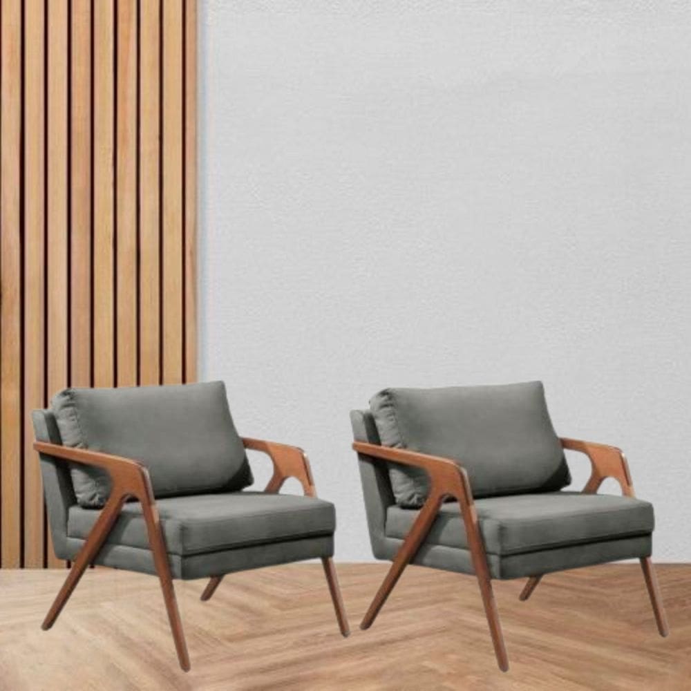 Kit 2 Poltronas Decorativa Braço de Madeira Mona Linho Cinza