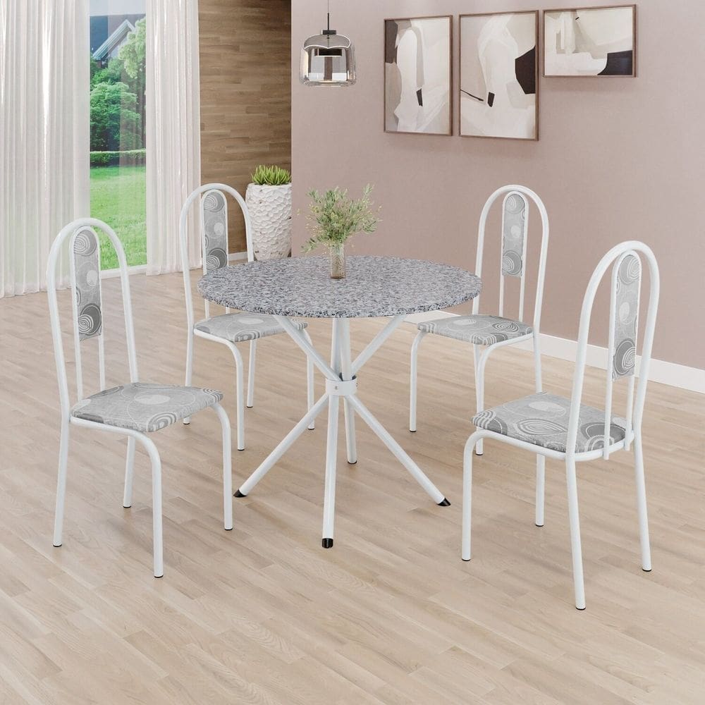 Conjunto Sala de Jantar Mesa Redonda 75cm Tampo Granito Ocre 4 Cadeiras Linda Yescasa Paraopeba/Branco