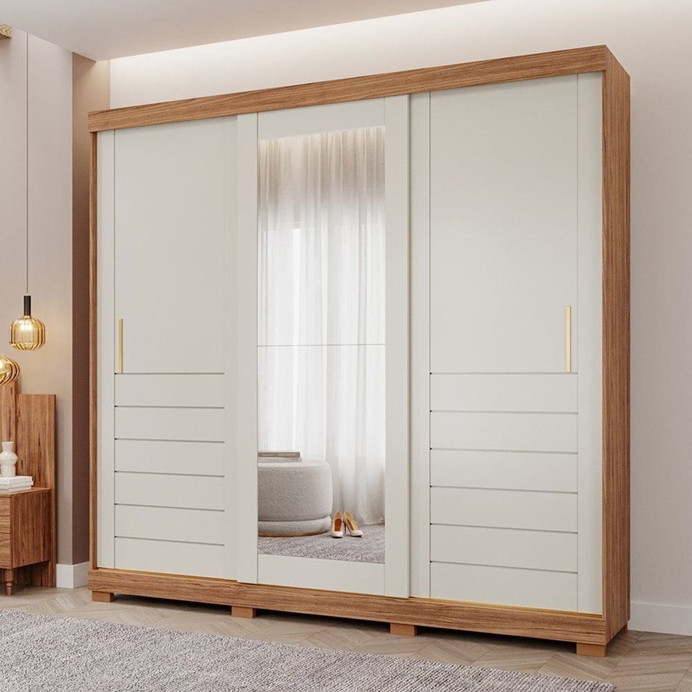 Guarda-roupa Casal 3 Portas de Correr 6 Gavetas com Pés 100% Mdf Boston Espresso Móveis Cinamomo/Off White