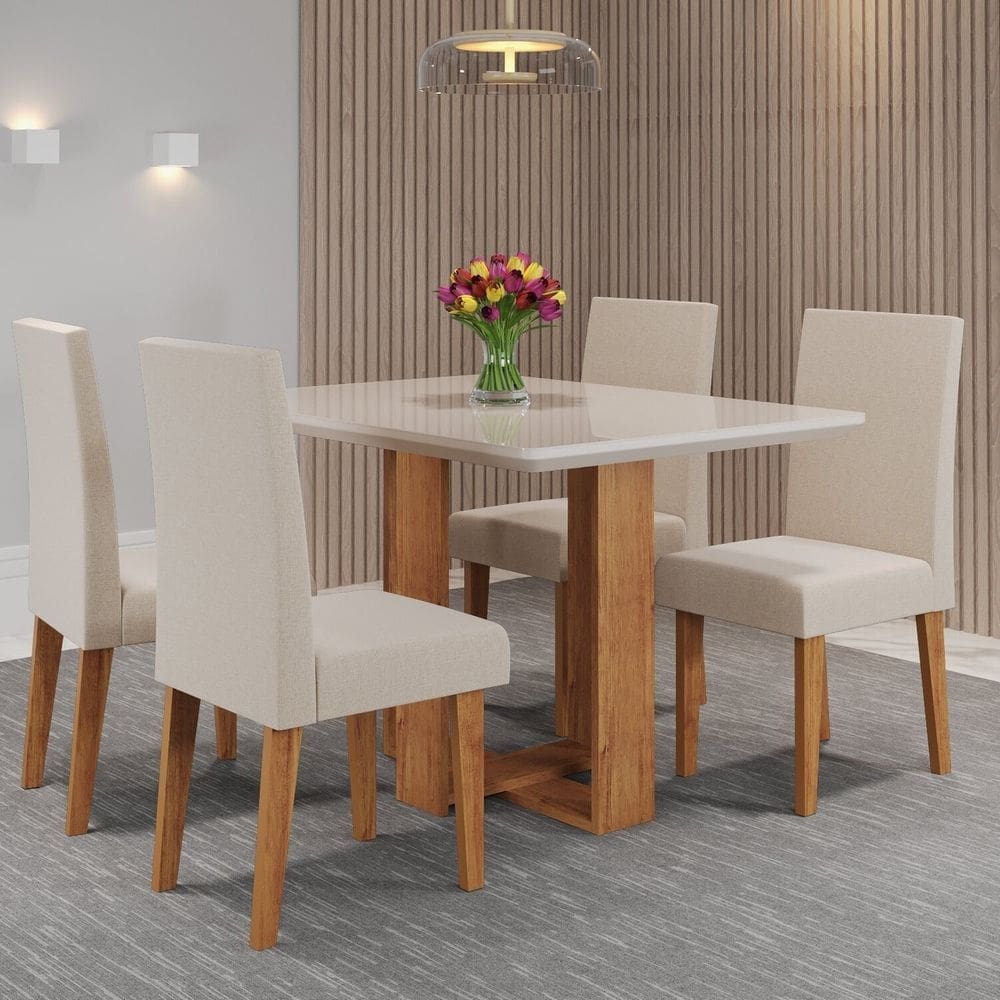 Mesa de Jantar Retangular Ville 120x90cm com 4 Cadeiras Venus Mel/Off White/Bronze