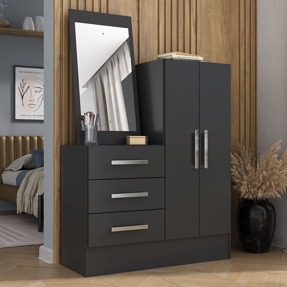 Cômoda 2 Portas 3 Gavetas com Espelho Dunas Preto