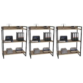 Kit 3 Estantes Livreiro Multiuso Prisma Estilo Industrial 80cm 3 Prateleiras C08 Carvalho