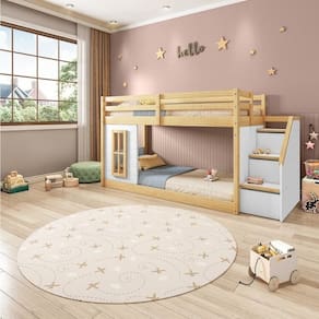 Beliche Infantil Montessoriana Garden com Escada Lateral Kit Travessas Proteção,janela Casatema Branco/Natural