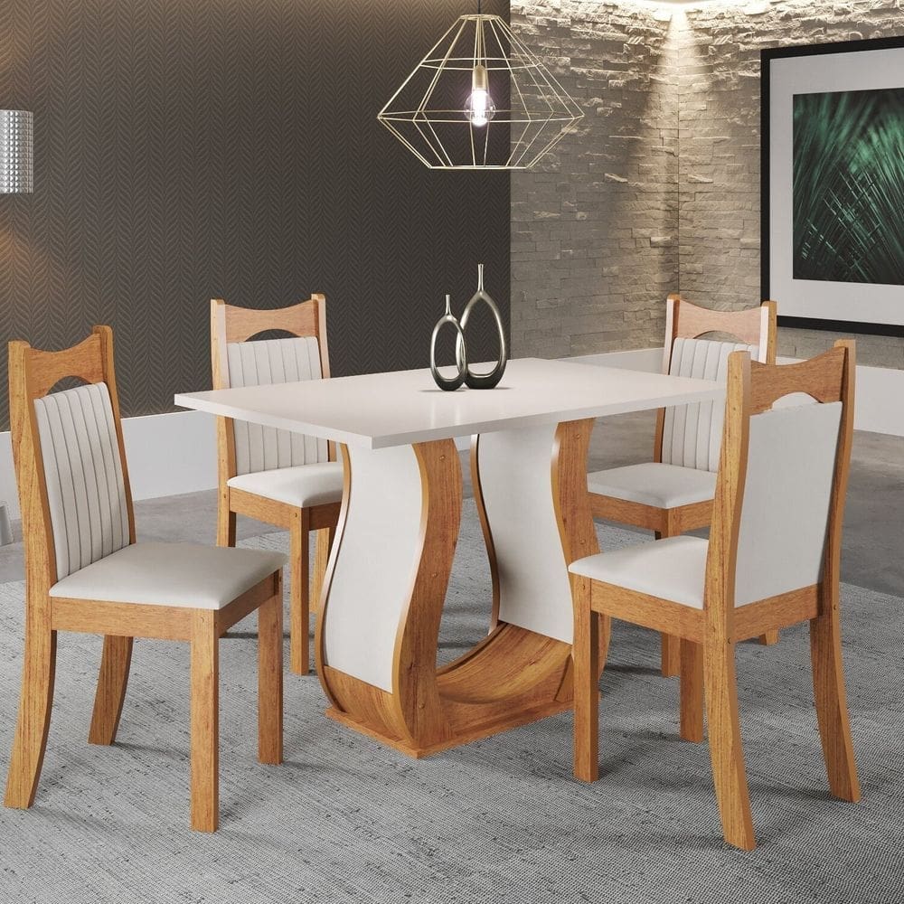 Mesa de Jantar Retangular Meiry 1,20x80 com 4 Cadeiras Dalas Mel/Blonde/Marfim